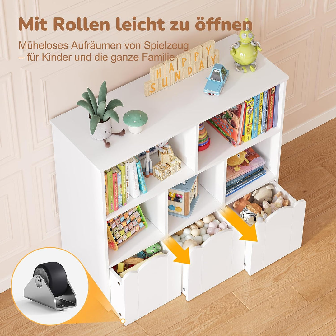 YOUDENOVA 3 Tier Kinderregal, Bücherregal, Kinderzimmer Möbel, Spielzeug Aufbewahrung auf Rollen, 10