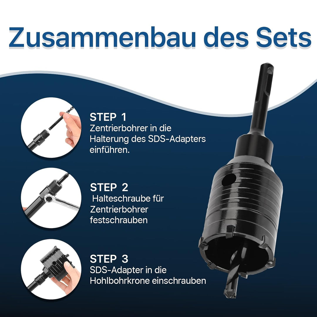 30MM Bohrkrone (XXL-Zähne) schwarz set mit 110mm SDS plus verlängerung und 4-Schneidigen Zentrierboh