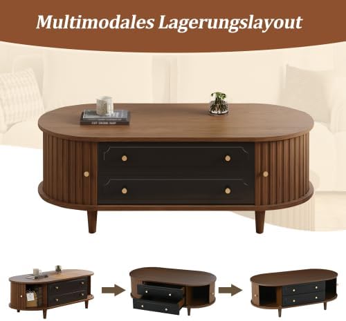 Merax Wohnzimmer Couchtisch – Walnussholz + Schwarz, 100 x 50 x 36 cm, 2 Rolltüren, 2 Schubladen, Be