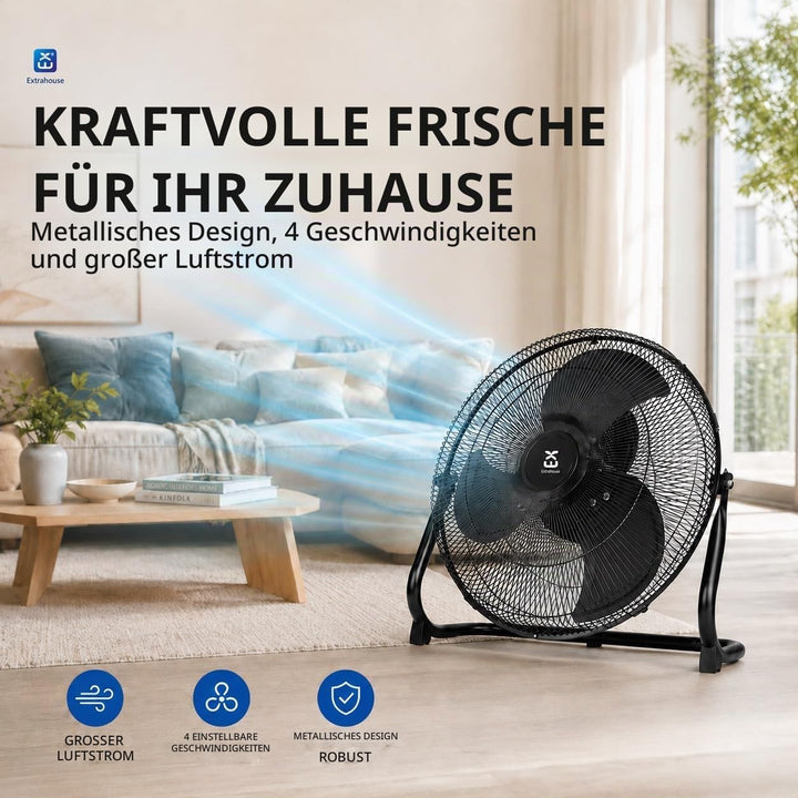 Bodenventilator aus Metall, 45 cm, 50 W, 3 Geschwindigkeitsstufen, 3 Flügel aus Aluminium, verstellb