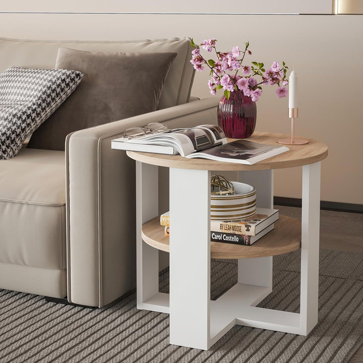 Couchtisch rund Ø53 cm - Kleiner Beistelltisch mit Ablage - Sonoma Eiche - 2 Ebenen, runder moderner