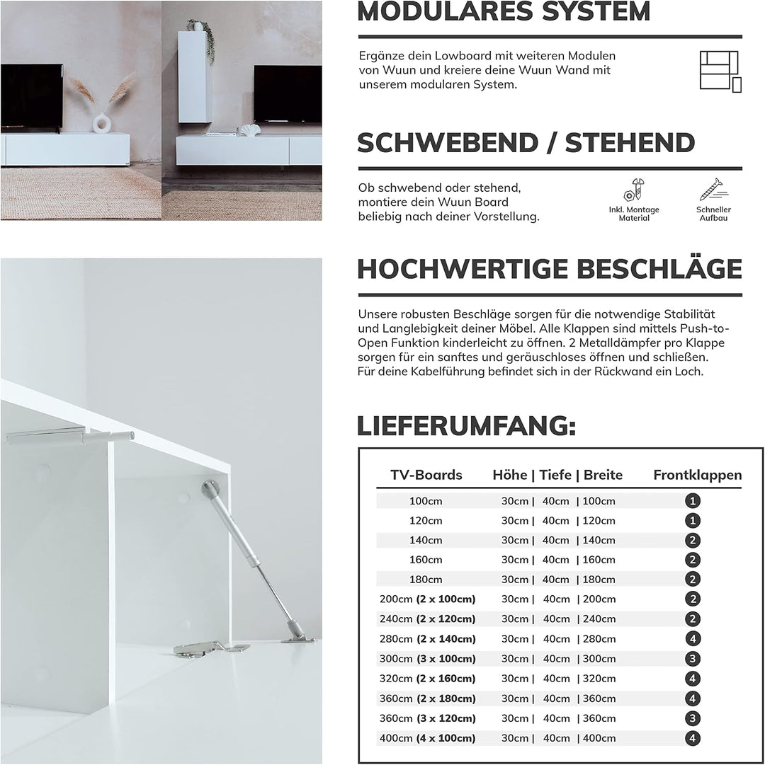Wuun® TV Lowboard TV Board hängend I 100cm-280cm I Hängeschrank Wohnwand/Somero Weiss-Matt/Beton-Opt