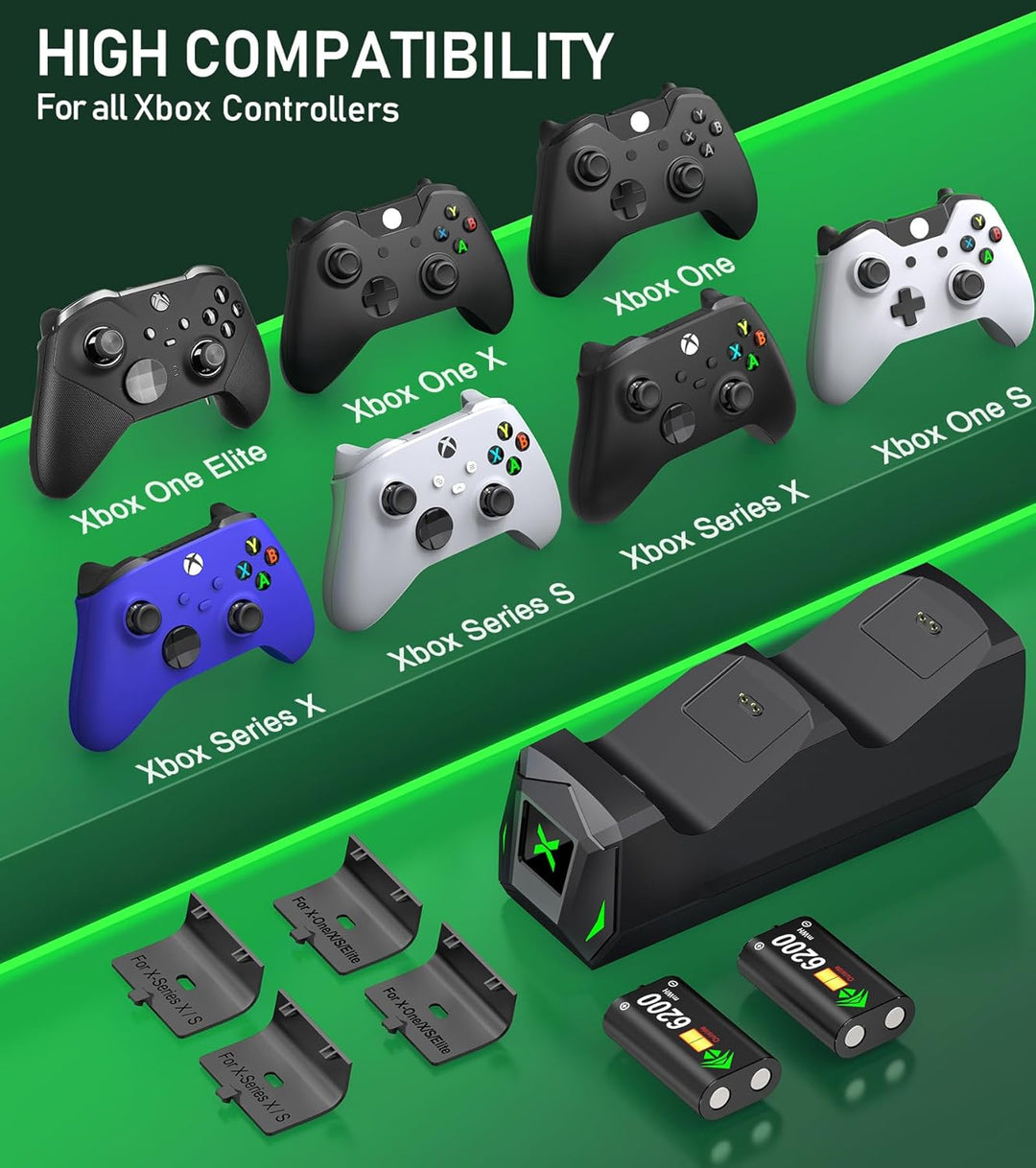 Controller-Ladestation mit 2 x 2550 mAh wiederaufladbaren Akkus für Xbox One/Series X|S Controller,