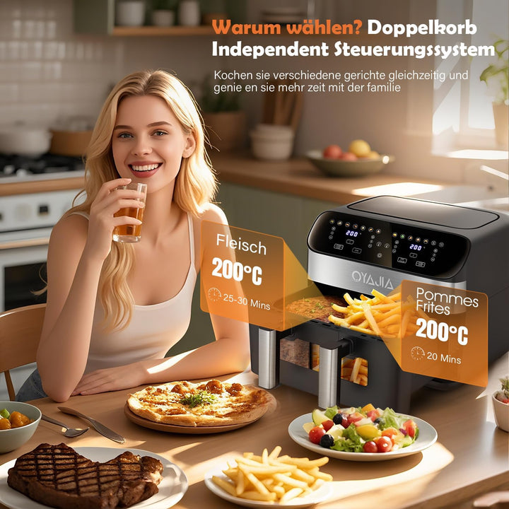 Heissluftfritteuse 2 Kammern Mit Sichtfenster 9L Airfryer 2 Fächer 9-In-1 Touchscreen Antihaftbeschi