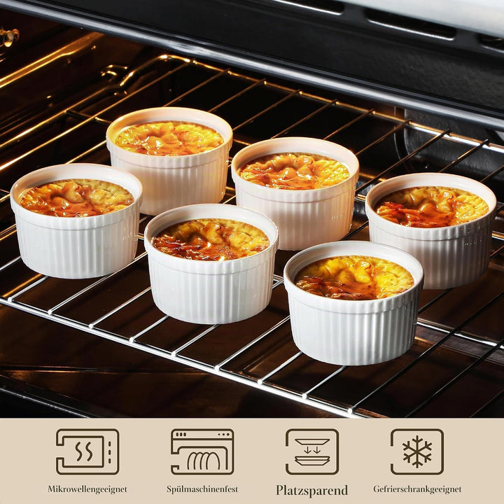 MALACASA Creme Brulee Schälchen 6er Set, Ø 9cm - 240 ml Souffle Förmchen Backofenfest, Porzellan Ofe