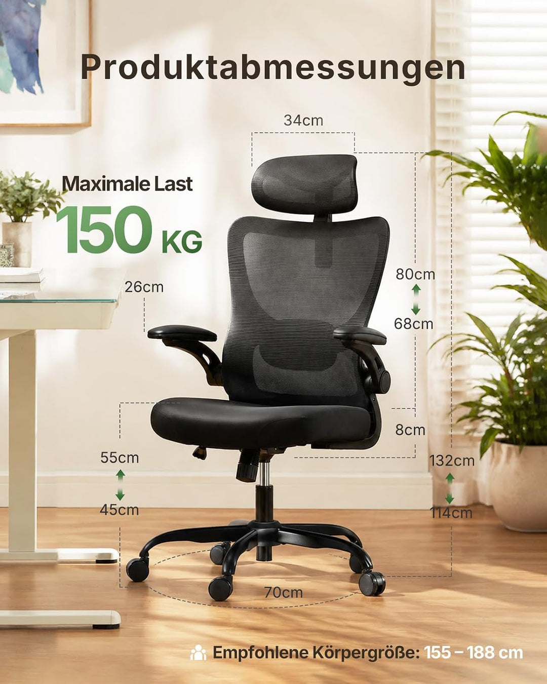 Marsail Bürostuhl Ergonomisch Schreibtischstuhl: Ergonomischer Bürostuhl mit 2D-Kopfstütze, 2D-Lende