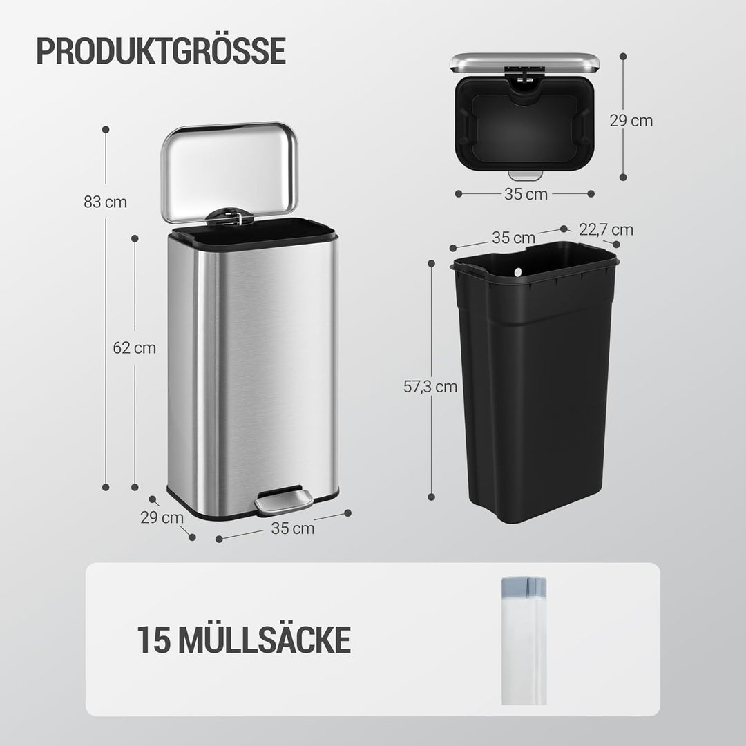 Hzuaneri Mülleimer Küche, 30L Abfalleimer mit Tretpedal, Tretmülleimer mit Softclose-Deckel und Inne