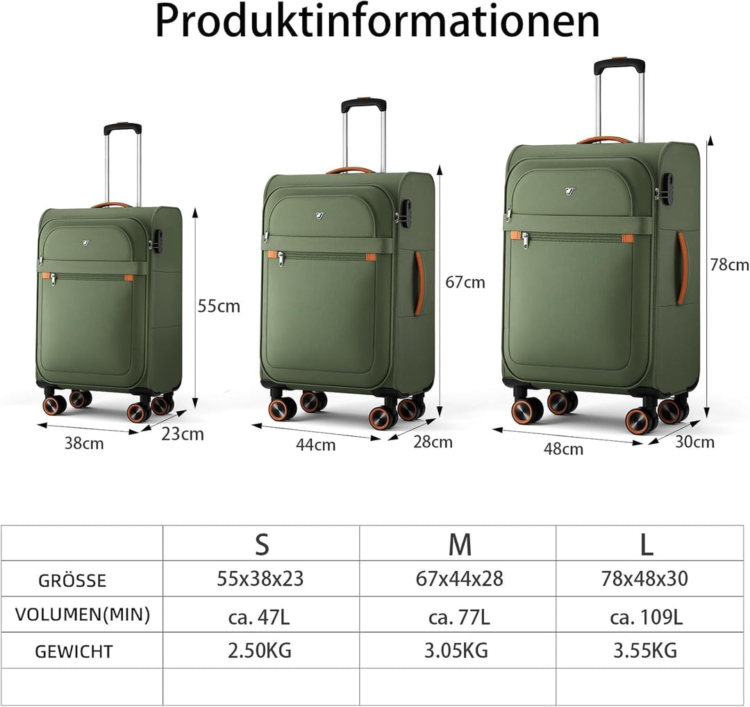 Stoff Kofferset 2 Teilig - Handgepäck und gross Weichschalenkoffer Grün Set(S+L), Grün Set(S+L)