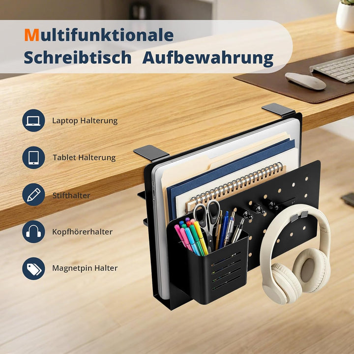 Schreibtisch Organizer Clip-On – Bohrfreie Laptop Halterung für Tischkanten 1–5,6 cm, mit Stifthalte