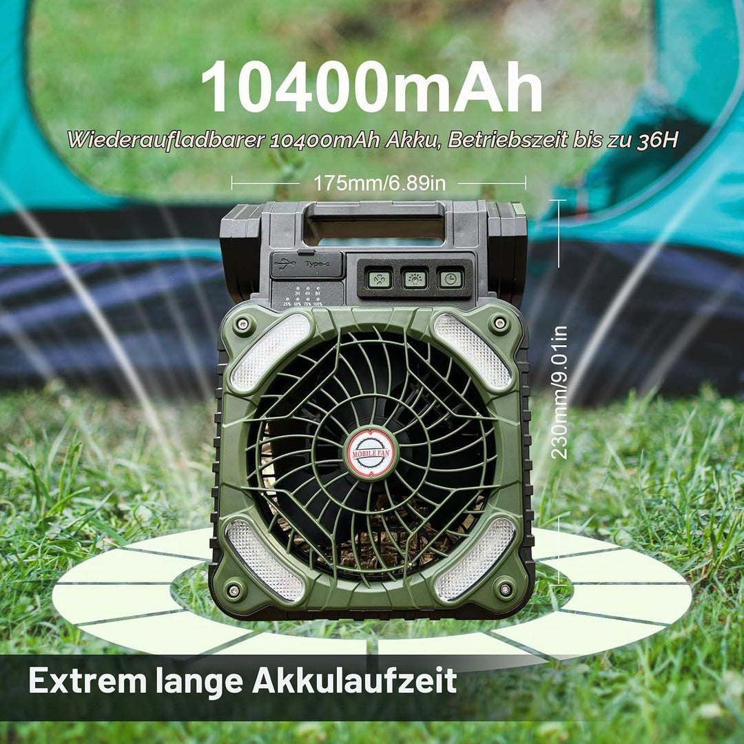 GY Solar Camping Ventilator mit LED-Licht &amp; 10400mAh Akku – 4 in 1 Tragbarer Tischventilator, 4 Gesc