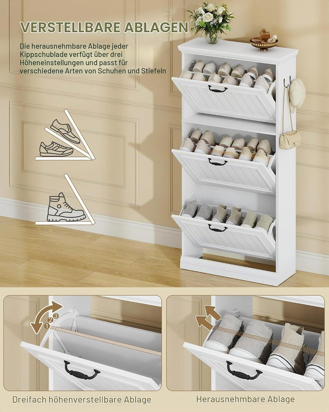 Hzuaneri Schuhschrank mit 3 Klappen, Schmaler Schuhschrank, Holz Schuhkipper, Trennwand Verstellbar,