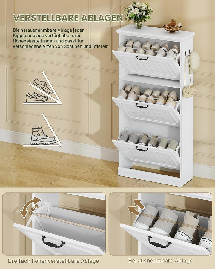 Hzuaneri Schuhschrank mit 3 Klappen, Schmaler Schuhschrank, Holz Schuhkipper, Trennwand Verstellbar,