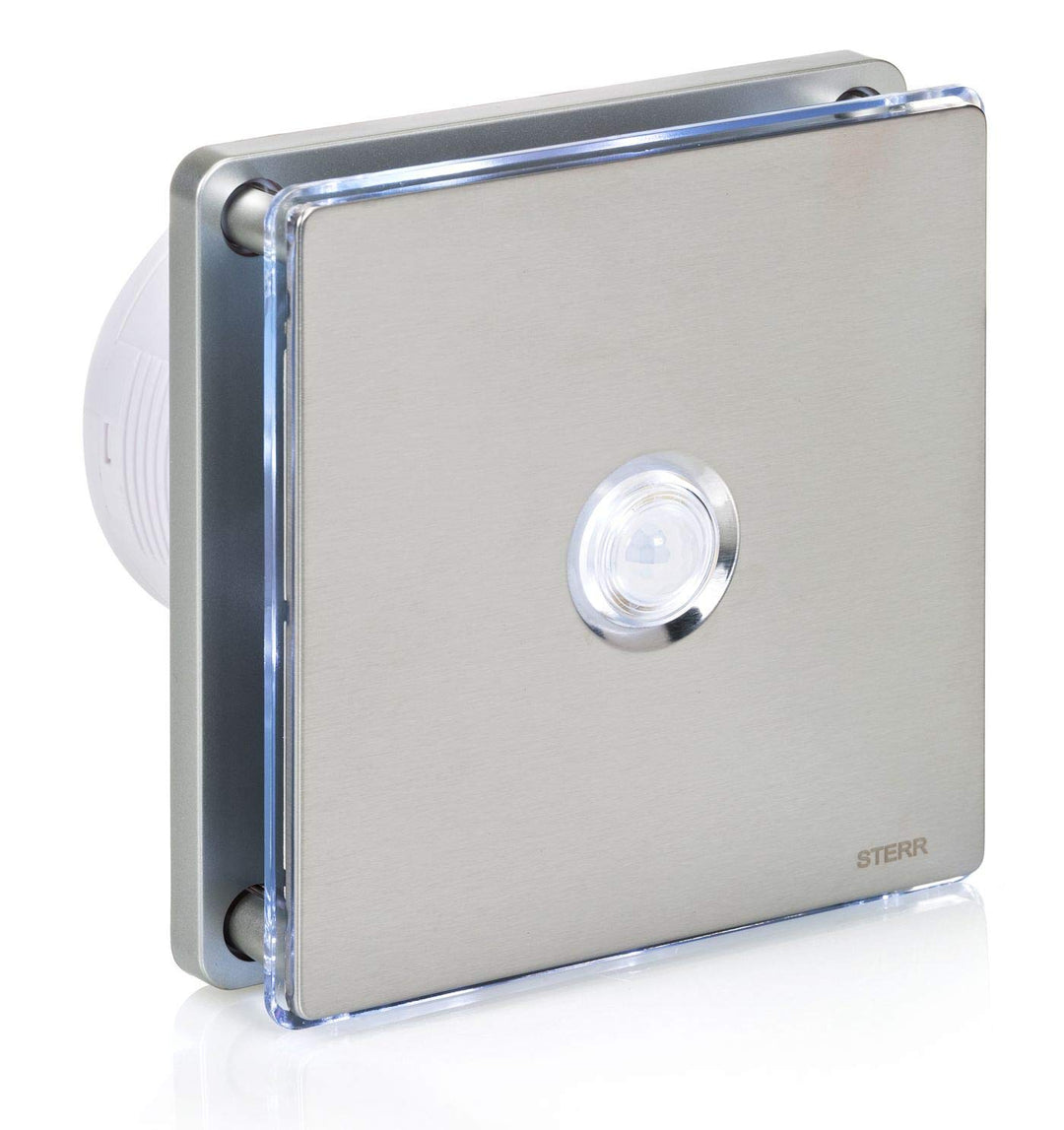 STERR Silberner Badlüfter 100 mm mit LED + PIR - Badezimmerventilator - Edelstahlfront - Modernes Au