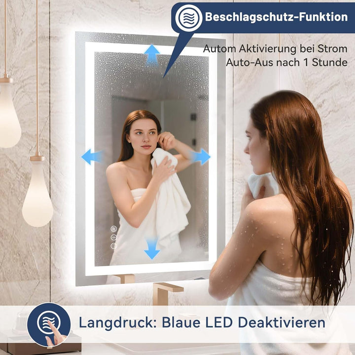 WEER Badezimmerspiegel mit LED-Leuchten, 60 x 90 cm Wandmontierter Kosmetikspiegel, 3 Farben Dimmbar