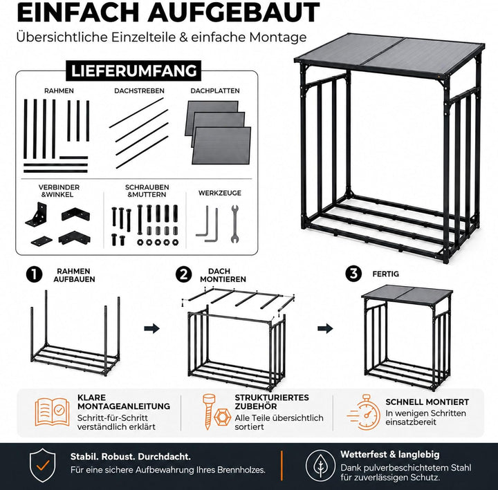SCHMIDT security tools Kaminholzregal Aussen 130x70x185 cm Stahl mit Dach 130x70x185 cm Stahl Brennh