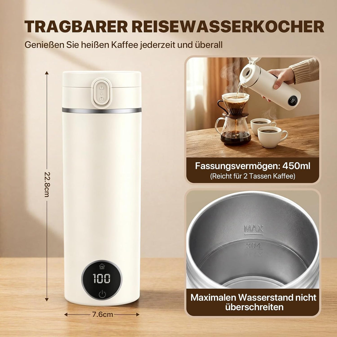Reisewasserkocher Klein, 450ML Mini Wasserkocher Tragbarer mit 6 Temperaturstufen, Heizung Automatis