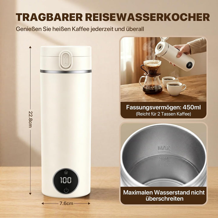 Reisewasserkocher Klein, 450ML Mini Wasserkocher Tragbarer mit 6 Temperaturstufen, Heizung Automatis