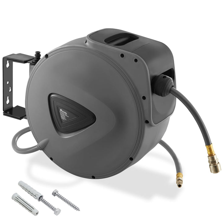 tectake 800801 Druckluftschlauch Aufroller mit ¼ Zoll Schnellkupplung, Aufroll-Automatik mit Schlauc