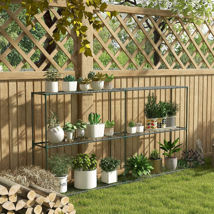 Outsunny Pflanzenregal Outdoor 222 x 30 x 114 cm Dunkelgrün | Blumenregal Pflanzentreppe mit 3 Stufe