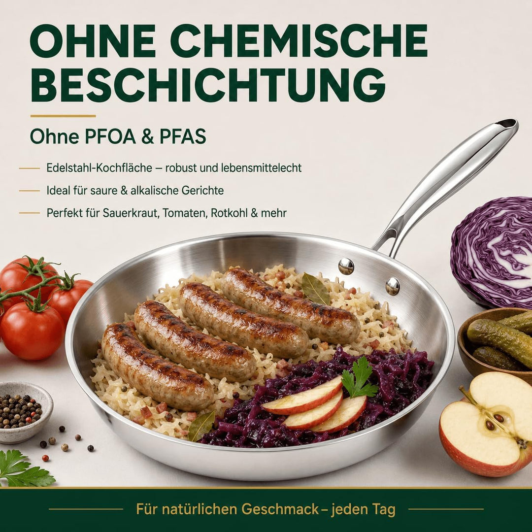Edelstahl Pfanne 30 cm mit Deckel, 5-Schicht Bratpfanne 30cm - Deckel, 30cm - Deckel