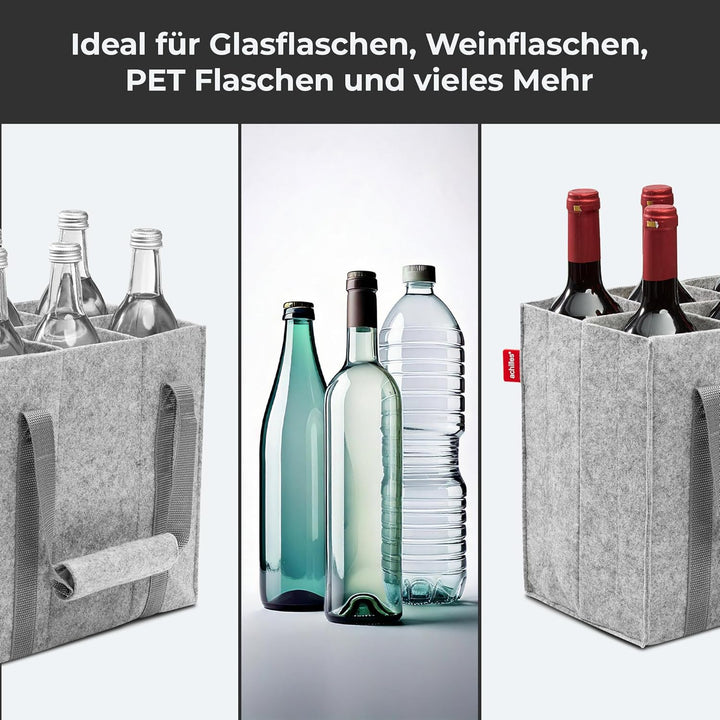achilles Flaschentasche 6 Fächer je 1,5 Liter – 100% recycelter Filz – Reissfester Flaschenkorb – Fa
