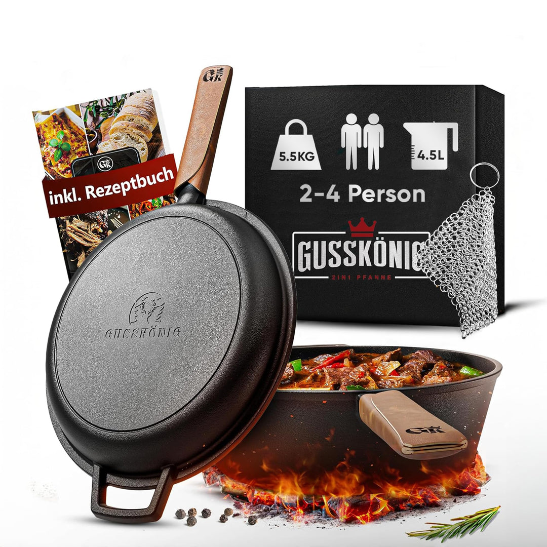 GUSSKÖNIG Dutch Oven - 2 in 1 Eingebrannter Gusseisen Topf 3L &amp; Gusspfanne 1,5L - Cast Iron Pot mit