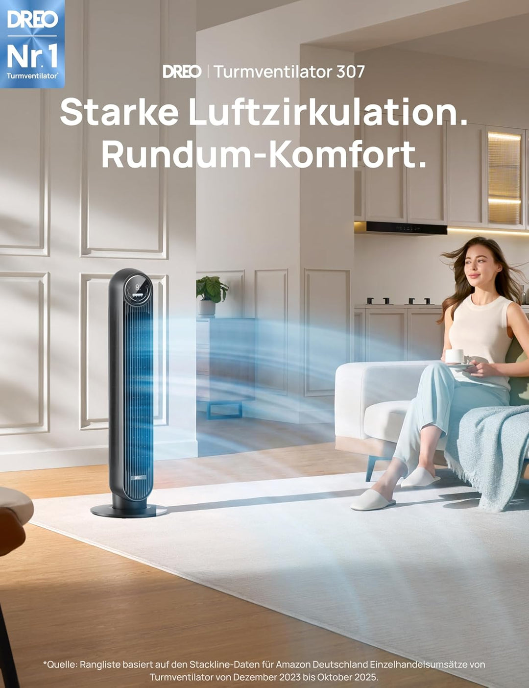 Dreo Leiser Turmventilator für Schlafzimmer, 7,3m/s Geschwindigkeit Ventilator mit Kühlung, 90° oszi
