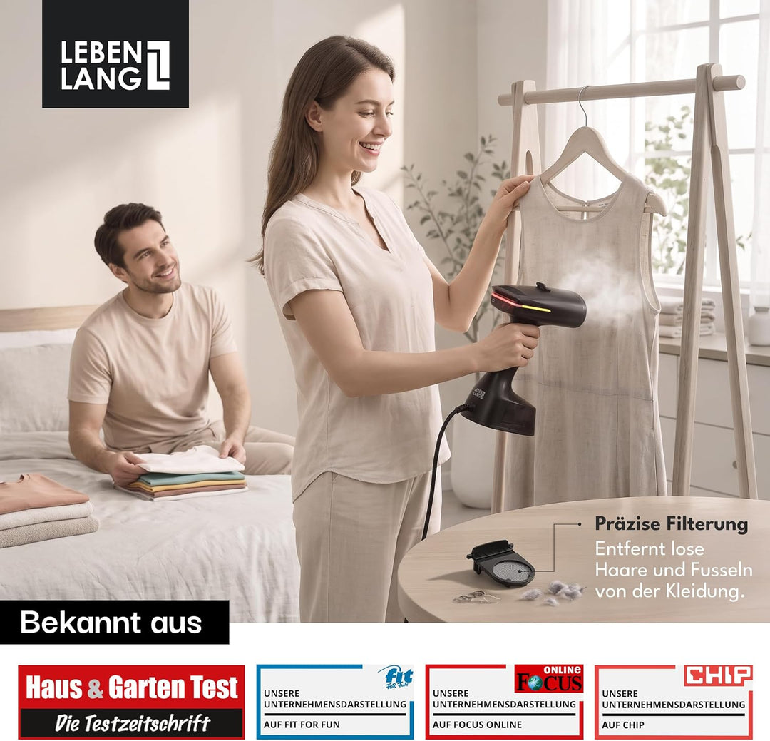 LEBENLANG 1400W Steamer Dampfglätter mit Saugfunktion - 5000pa &amp; 270ml Schwarz, Schwarz