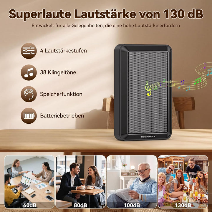 TECKNET Funkklingel, Batteriebetriebenes Lautes Kabelloses Klingel Set Schwarz, Schwarz