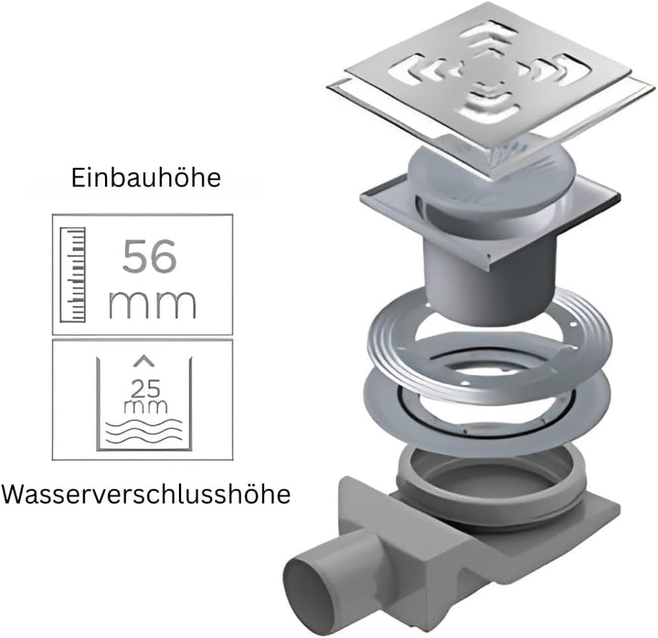 Confluo 15x15 cm Horizontal DN 50 Einbauhöhe 56mm Square Sqaure Horizontal/Waagerecht DN 50 niedrige
