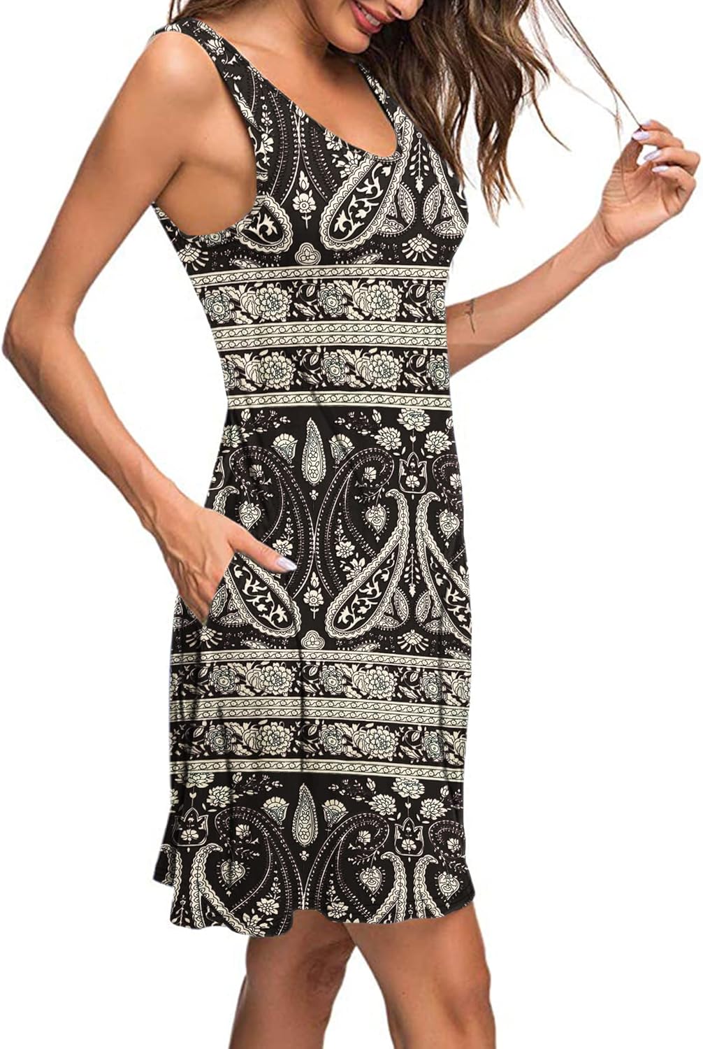 AUSELILY Sommerkleid Damen Ärmellose Strandkleid Leicht Swing Kleid V Ausschnitt Mini Kleid Blaue Bl