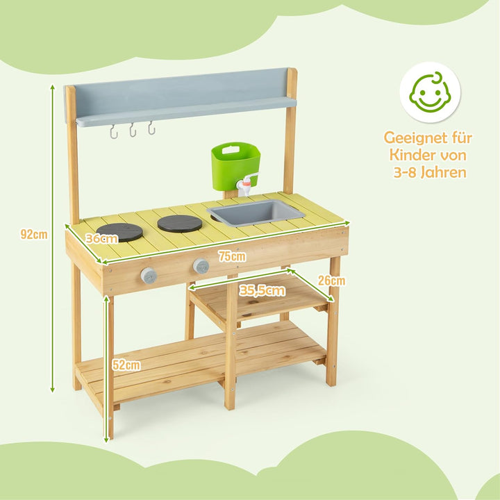 DREAMADE Matschküche Kinder Outdoor, Kinderküche mit Wassertank, Wasserhahn, Herd &amp; abnehmbarem Rega