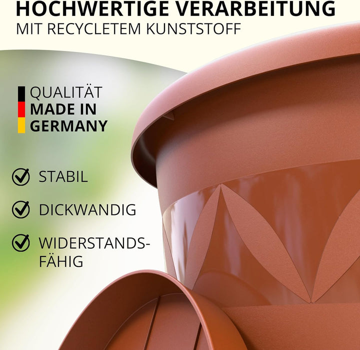 10er Set Blumentöpfe mit Untersetzer 24 cm Durchmesser Terrakotta runder Pflanzkübel aus Kunststoff