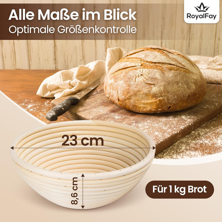 Gärkörbchen rund 23 cm – Brotform aus natürlichem Rattan für Sauerteig und Brotteig – inklusive Lein