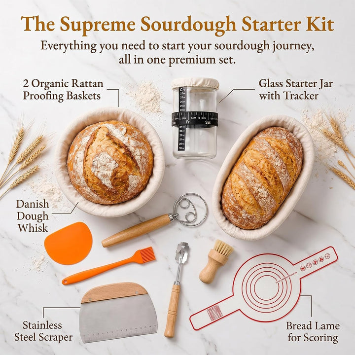 Sauerteig Starter Set, 2 Gärkörbchen, 23cm Rund, 25cm Oval