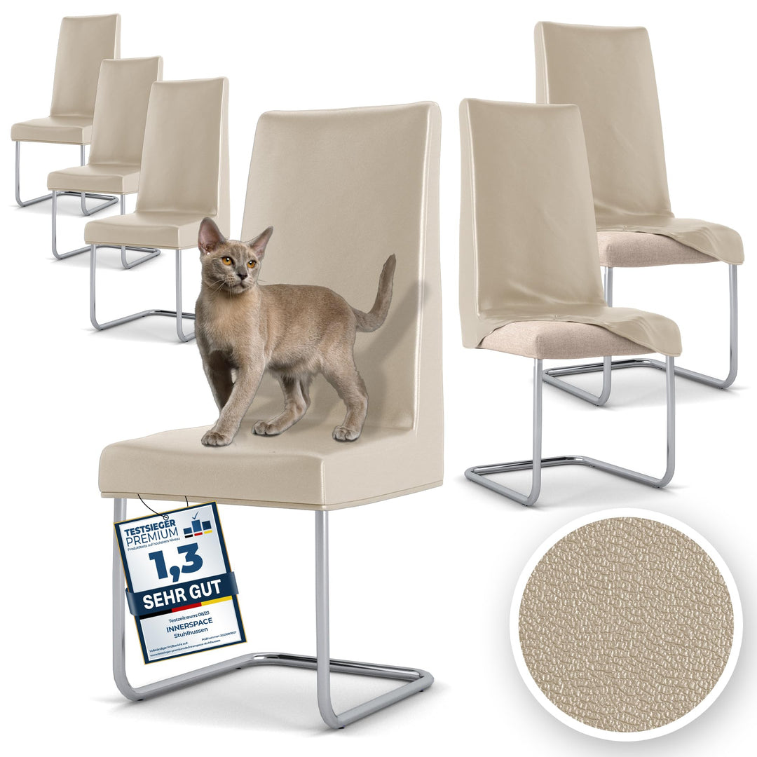 INNERSPACE Stuhlhussen 6er Set in Beige | Blickdichte, Wasserabweisende, Elastische Stuhlbezüge für