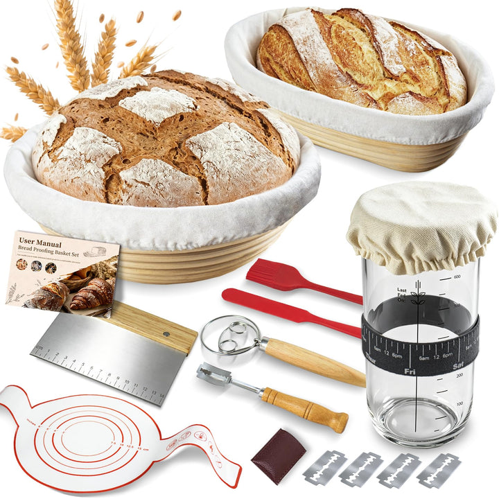 Komplettes Gärkörbchen Sauerteig Starter Set, 700ml Sauerteig Glas mit Gärkorb rund und oval, Spatel