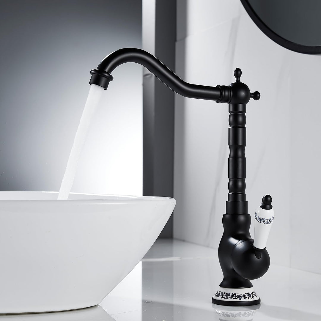 AIMOYO Wasserhahn Bad Schwarz, Hoch Waschtischarmatur Retro mit 360° Drehbarer Auslauf, Einhebelmisc