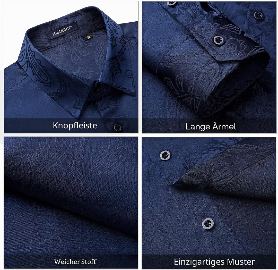 HISDERN Herren Paisley Hemd Langarm Satin Blumen Muster Hemd für Männer Jacquard Stickerei Freizeith