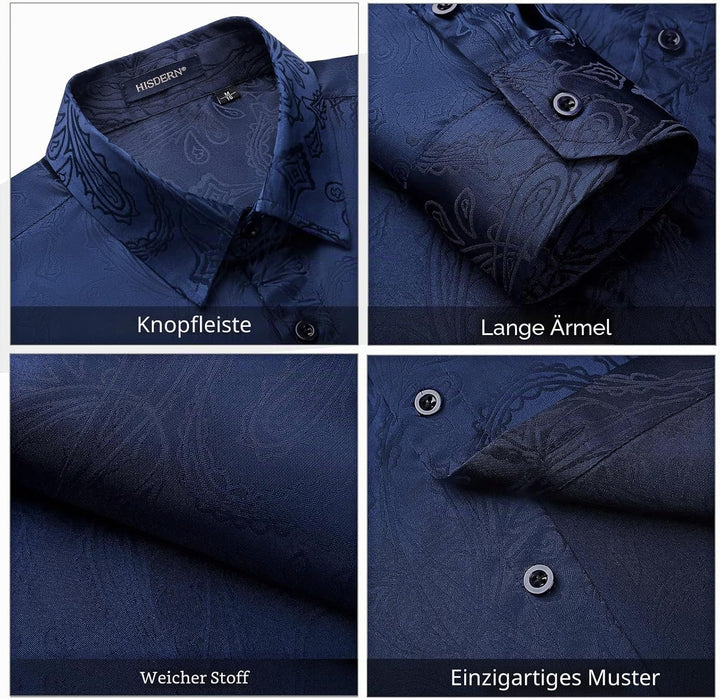 HISDERN Herren Paisley Hemd Langarm Satin Blumen Muster Hemd für Männer Jacquard Stickerei Freizeith