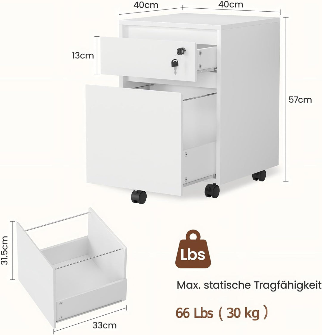 YOUDENOVA Rollcontainer mit Schubladen, Abschliessbar, Aktenschrank mit 2 Schubladen, 5 Rollen, Unte