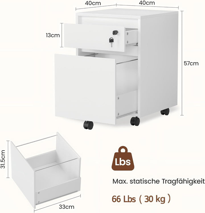 YOUDENOVA Rollcontainer mit Schubladen, Abschliessbar, Aktenschrank mit 2 Schubladen, 5 Rollen, Unte