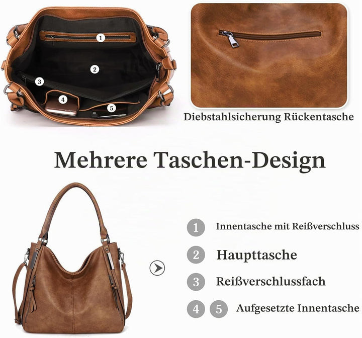 FANDARE Grosse Handtasche, Damen, Schultertaschen, PU-Leder, wasserdicht, für Einkäufe, Party, Schul