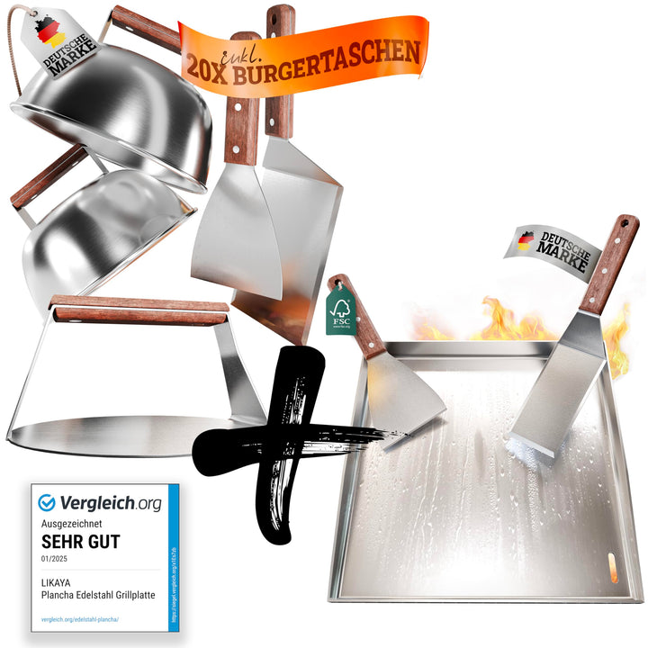 LIKAYA [BUNDLE] Plancha Edelstahl Grillplatte [40x40cm] + Burger Master Set – 4x Grillspachtel, 2x B