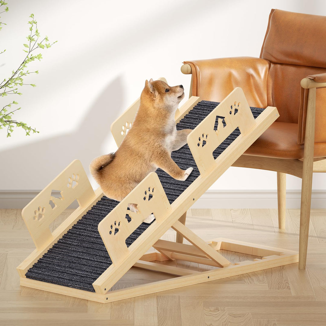 Hunderampe 100cm, 4-stufige Höhenverstellbare von 35CM bis 58CM Hunderampe Bett Rampe Hund aus Holz
