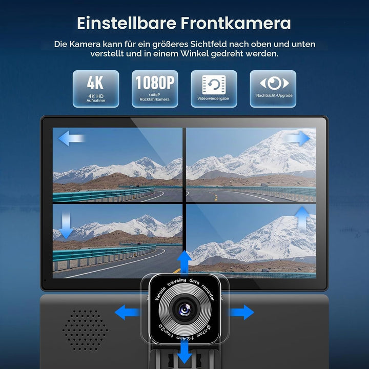 9" Wireless Tragbarers CarPlay Display für Apple Carplay &amp; Android Auto, mit 4K Dash Cam 1080P Rückf
