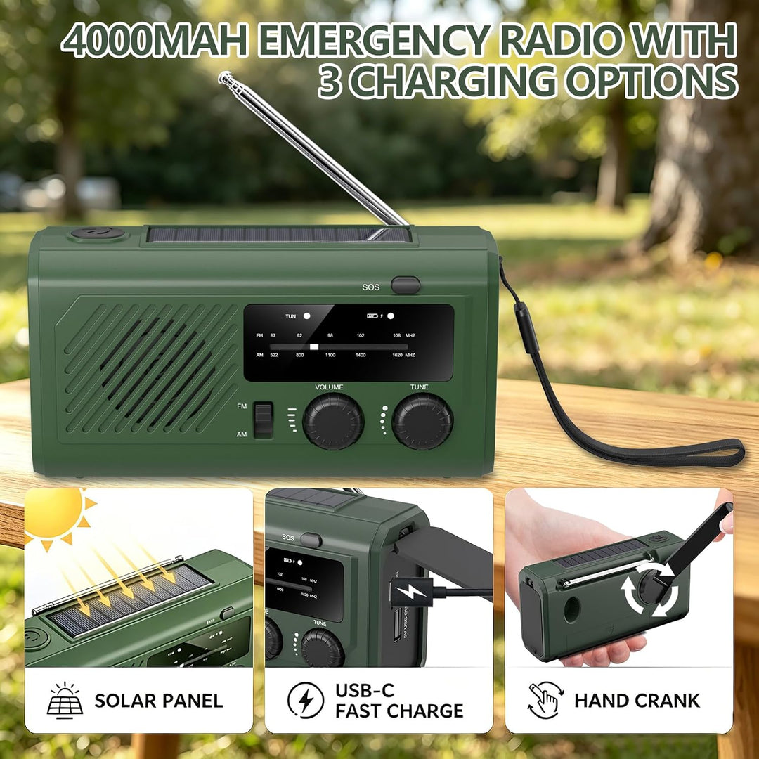 4000mAh Kurbelradio Notfallradio mit Powerbank, Solar &amp; USB Aufladbar, AM/UKW Radio mit SOS-Alarm, L