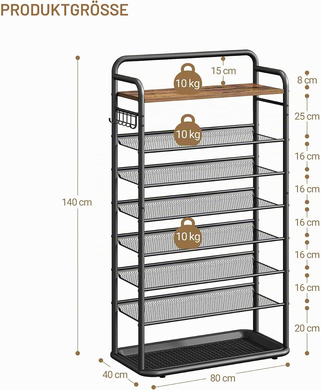 Hzuaneri 8-Stöckiges Schuhregal, 80 cm, 5 Haken, Schuhabtropfschale | Flache und Kippbare Gitternetz