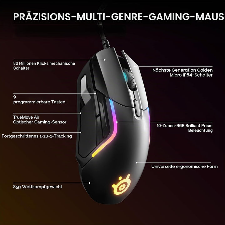 SteelSeries Rival 5 Kabelgebunden Gaming-Maus Optisch Ergonomisch, Beleuchtet Schwarz, Grau 62551 Wi