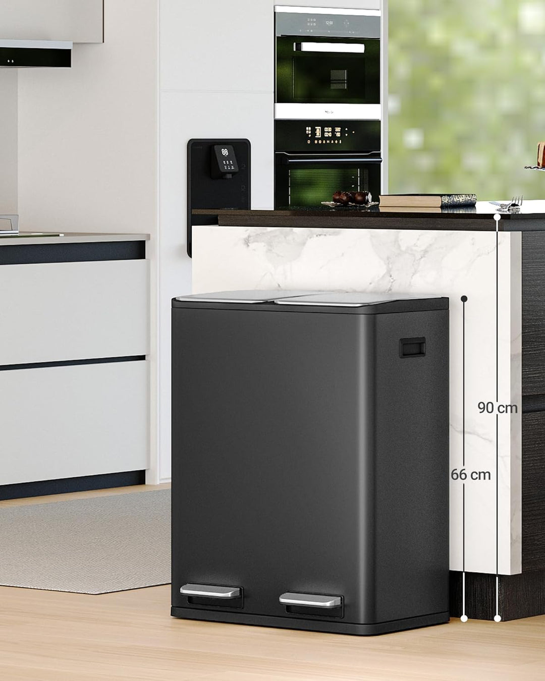 Hzuaneri Mülleimer Küche, 2 x 30 L, Mülltrennsystem 2 Fächer 60 L, Edelstahl-küchenmülleimer, Tretmü
